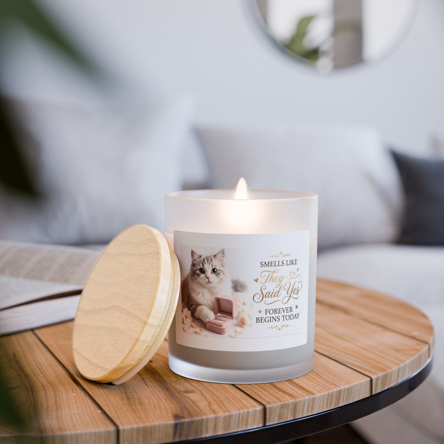Wedding Proposal Cat Photo Candle – “They Said Yes” Frosted 11oz Scented Candle