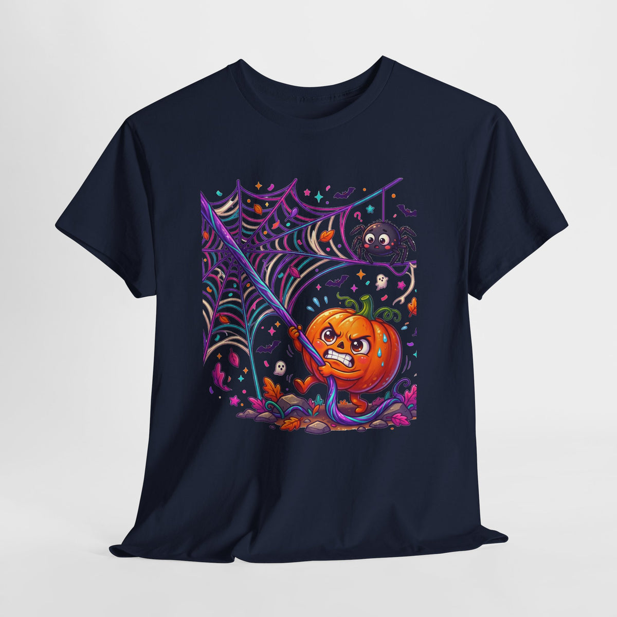 Pumpkin Spider Web Halloween T‑Shirt — Cute Spooky Pumpkin Cartoon Tee