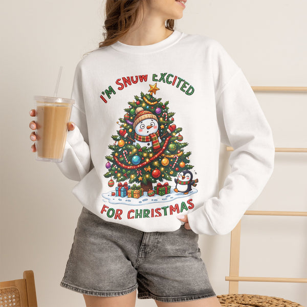 Christmas Sweatshirt – "I’m Snow Excited for Christmas" Cute Snowman Tree Holiday Crewneck