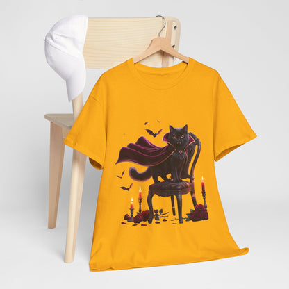 Vampire Cat Tee — Gothic Black Cat with Cape & Candles T-Shirt