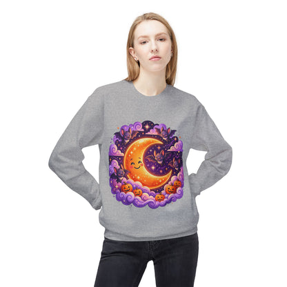 Halloween Moon Crewneck Sweatshirt — Cute Smiling Moon, Pumpkins & Bats Pullover