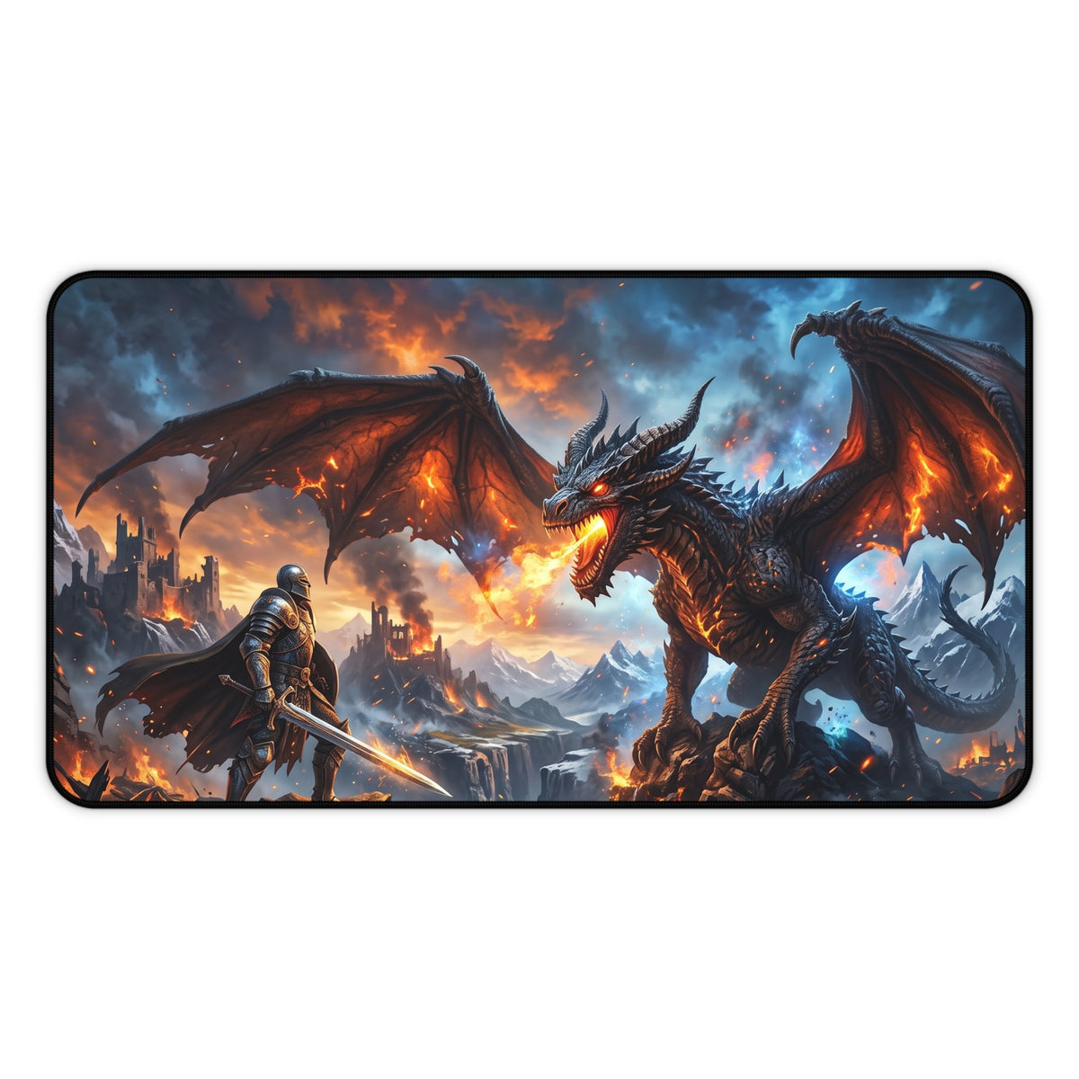 Dragon Battle Desk Mat — Fantasy Warrior vs. Fire Dragon Gaming Mouse Pad