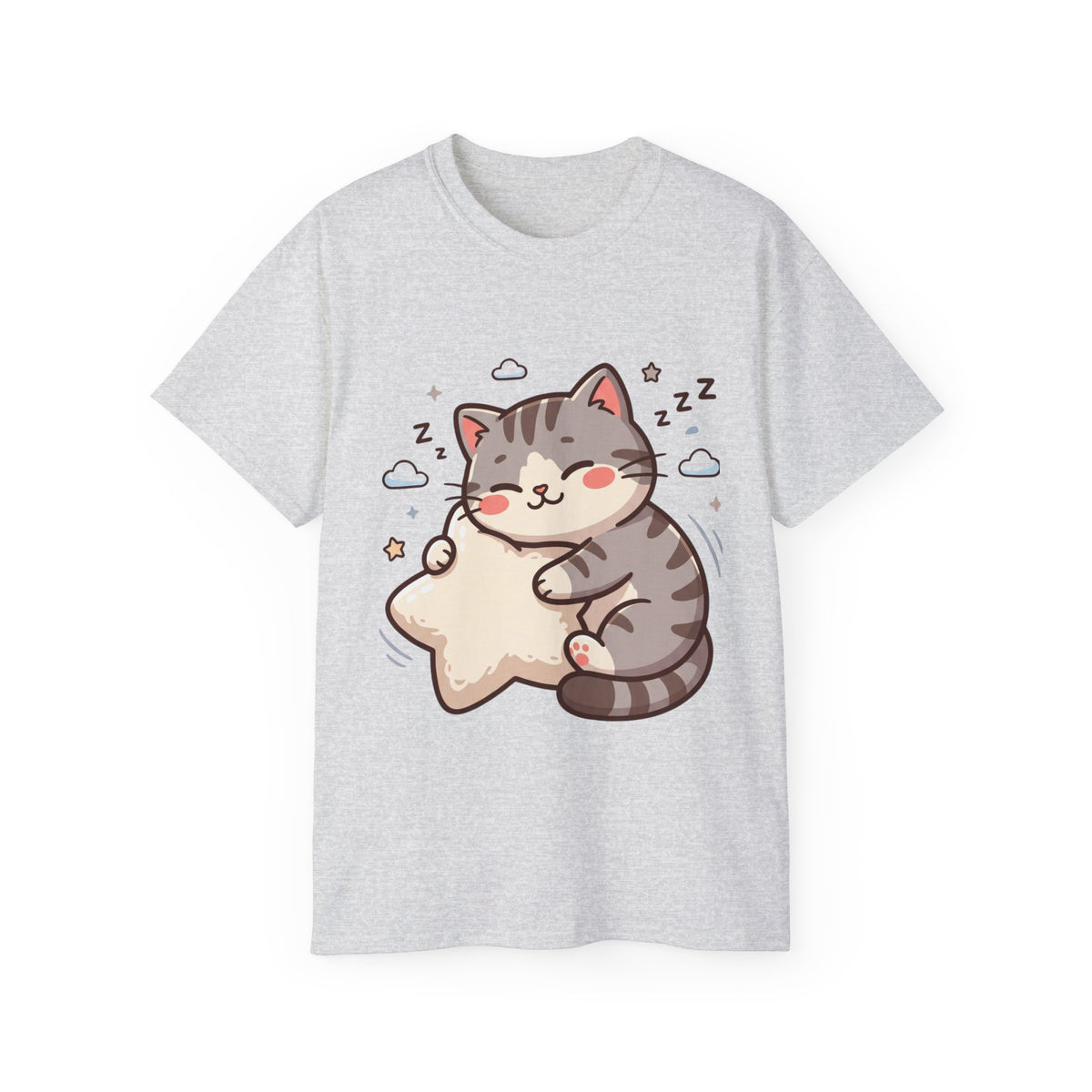 Cute Sleeping Cat Tee – Kawaii Cat Hugging Star Graphic Shirt