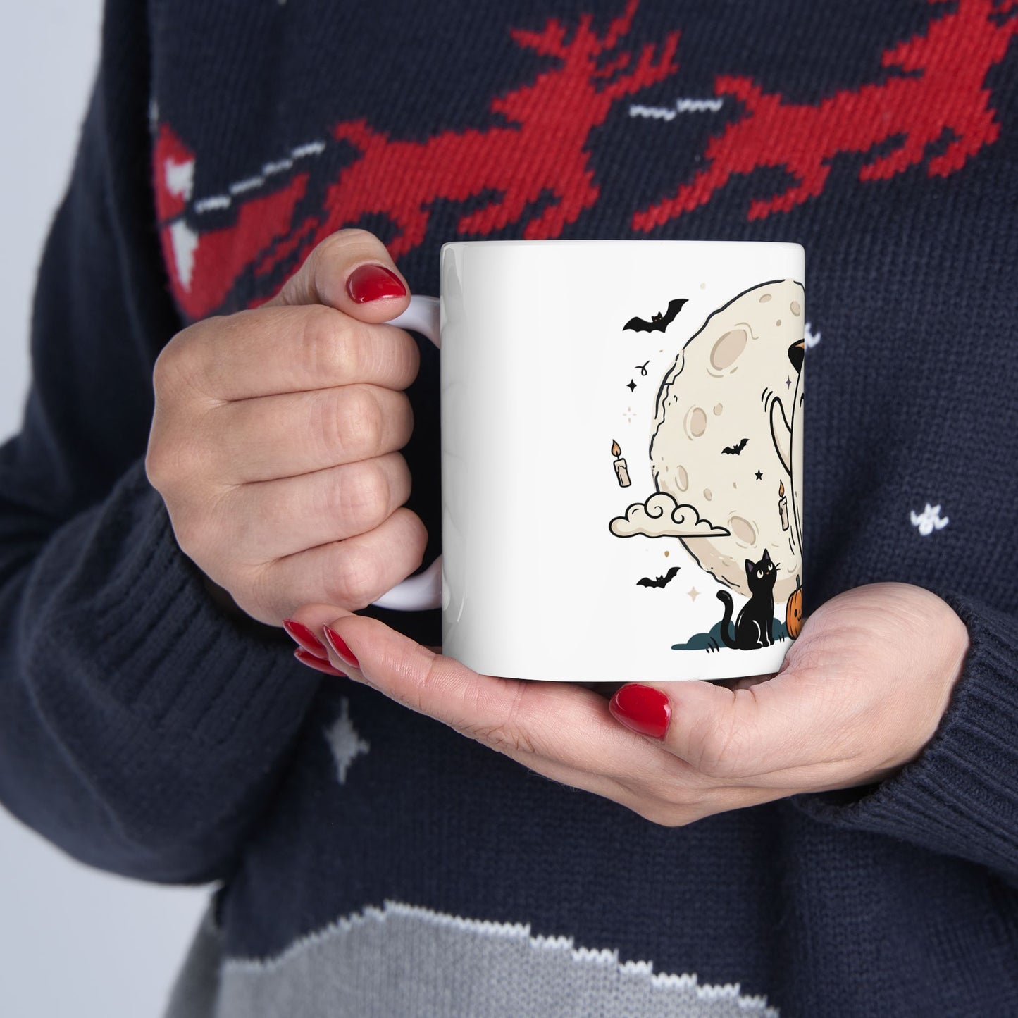 Halloween Ghost Ceramic Mug — Cute Ghost with Witch Hat, Pumpkins & Cats (11oz/15oz)