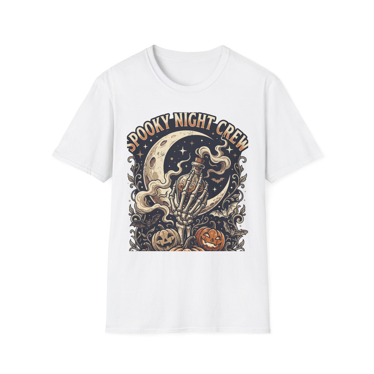 Spooky Night Crew T-Shirt — Vintage Halloween Moon & Skeleton Graphic