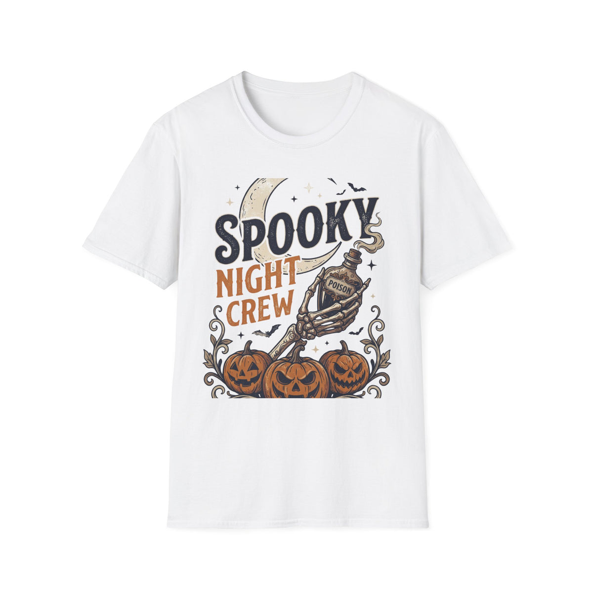 Spooky Night Crew T-Shirt — Halloween Moon, Skeleton & Pumpkins Tee