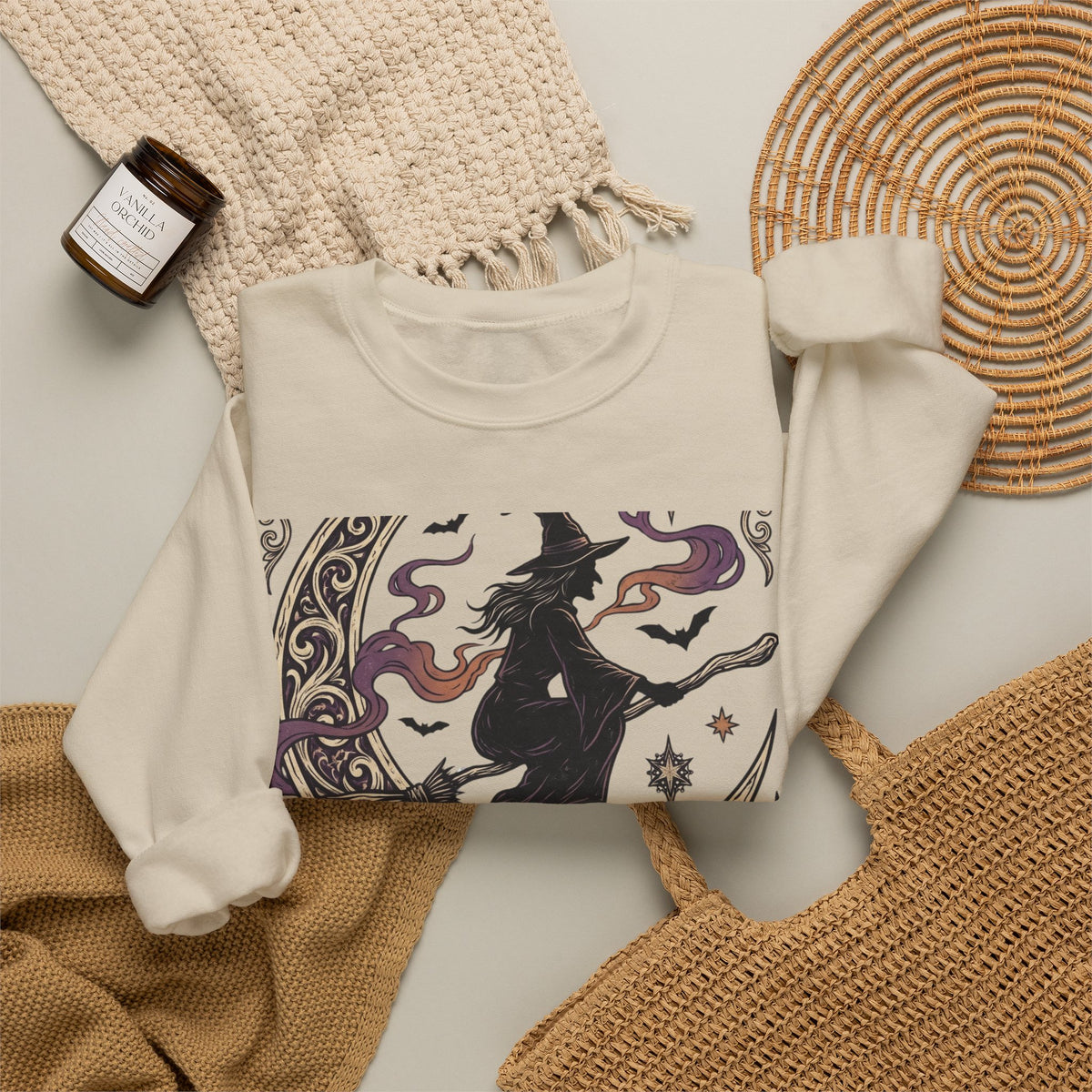 Witch Please Crewneck Sweatshirt — 'Magic After Dark' Witch Silhouette on Crescent Moon