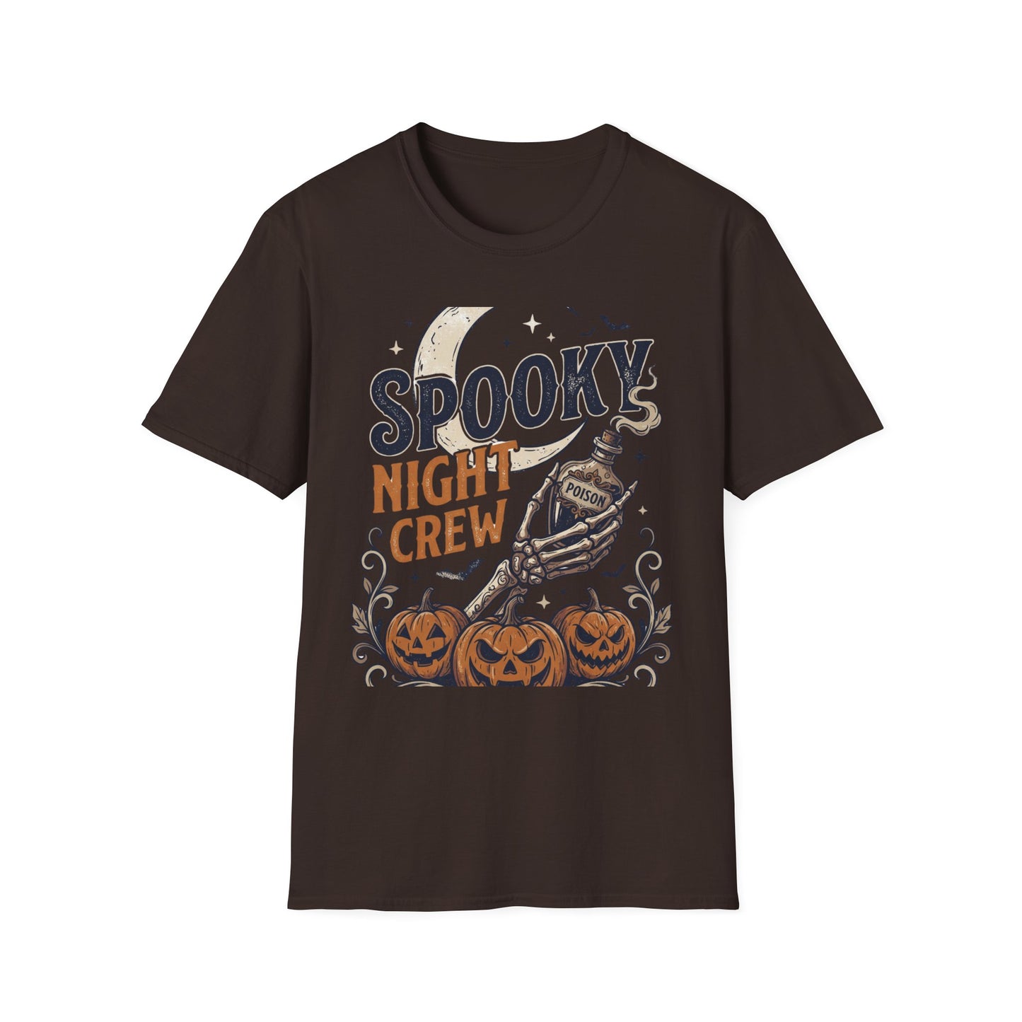 Spooky Night Crew T-Shirt — Halloween Moon, Skeleton & Pumpkins Tee