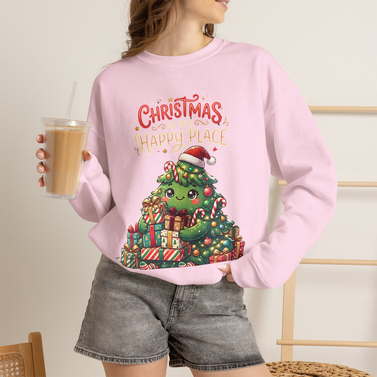 Christmas Happy Place Crewneck Sweatshirt — Cute Kawaii Tree & Gifts Holiday Sweatshirt