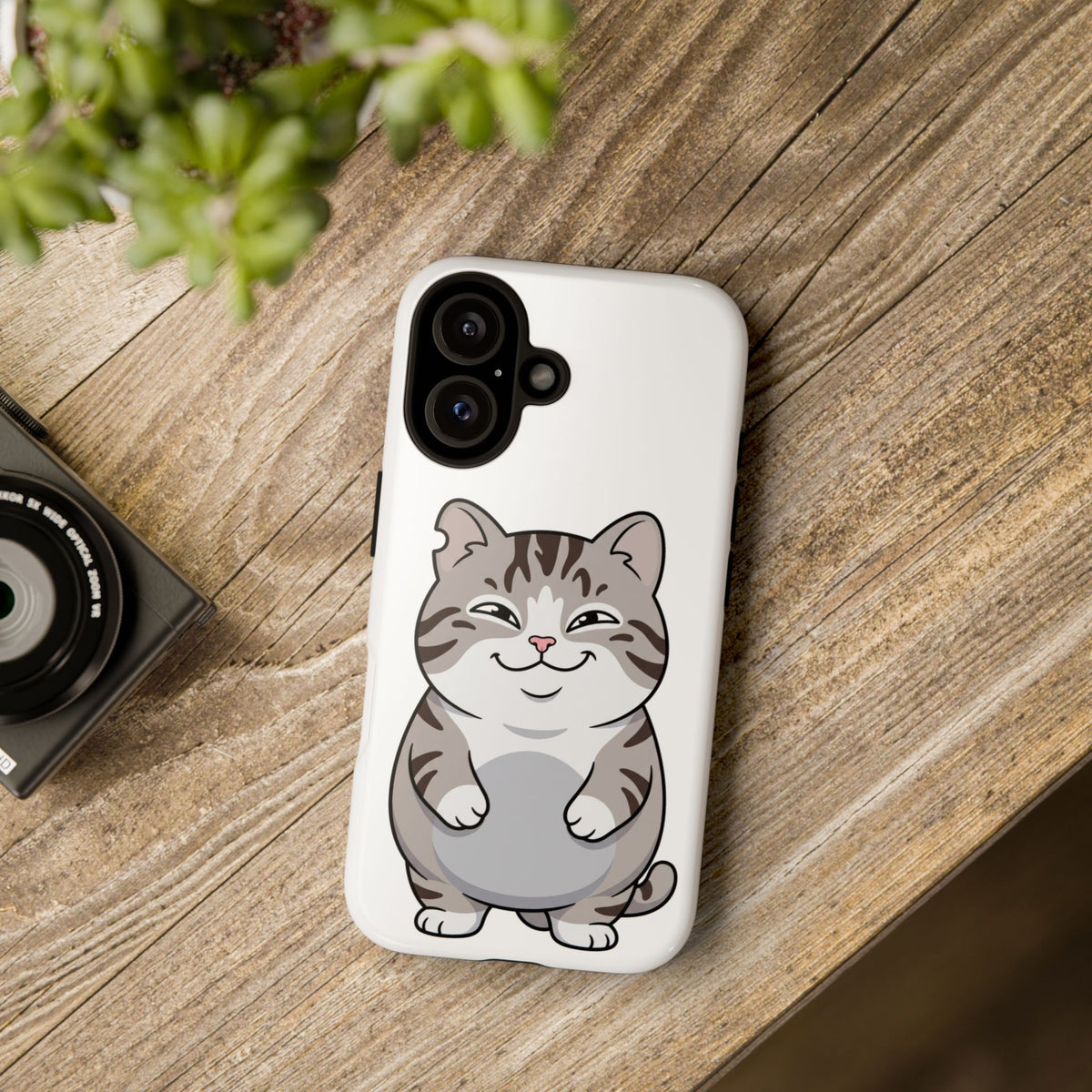Cute Chubby Cat Phone Case — Protective Tough Case with Smiling Tabby Design