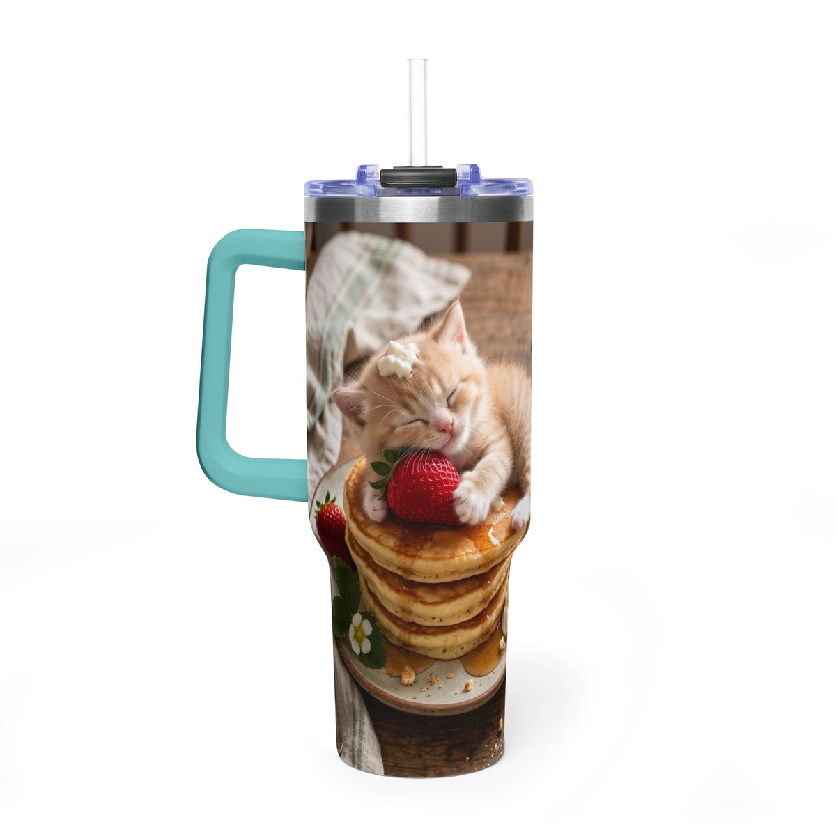 40oz Cat Pancake Thermal Tumbler with Straw