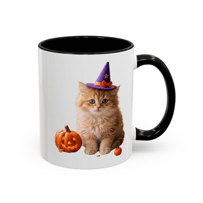 Halloween Cat Coffee Mug with Witch Hat and Pumpkin