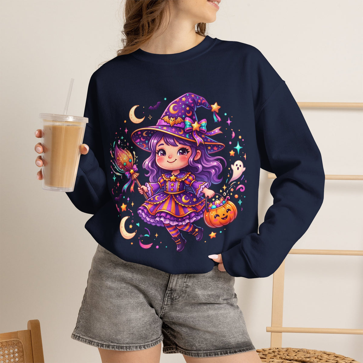 Cute Halloween Witch Sweatshirt — Kawaii Pumpkin Magic Crewneck