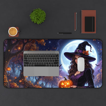 Halloween Witch Desk Mat — Moonlit Pumpkin Forest Mouse Pad