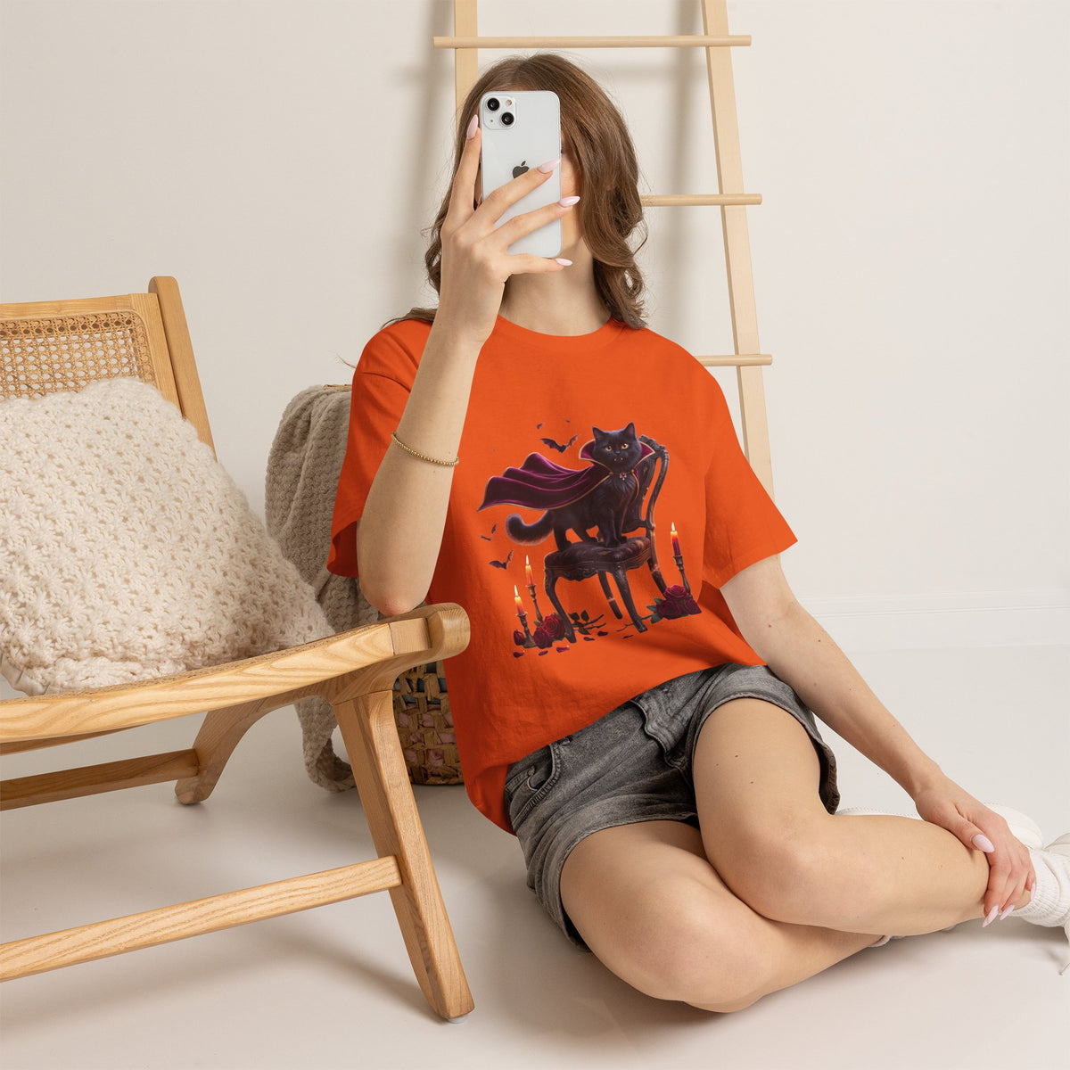 Vampire Cat Tee — Gothic Black Cat with Cape & Candles T-Shirt
