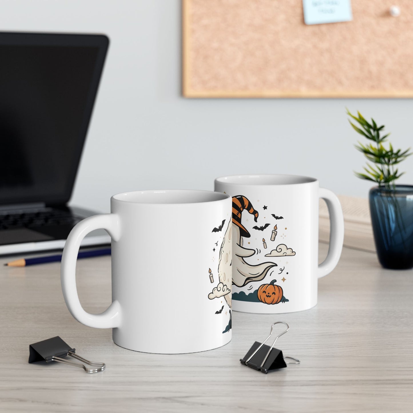 Halloween Ghost Ceramic Mug — Cute Ghost with Witch Hat, Pumpkins & Cats (11oz/15oz)