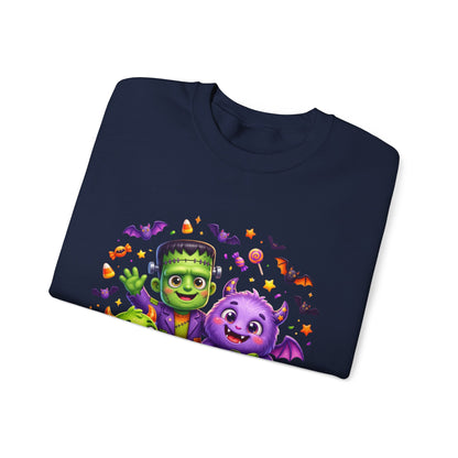 Halloween Monster Crewneck Sweatshirt — Cute Frankenstein, Vampire & Pumpkin Design
