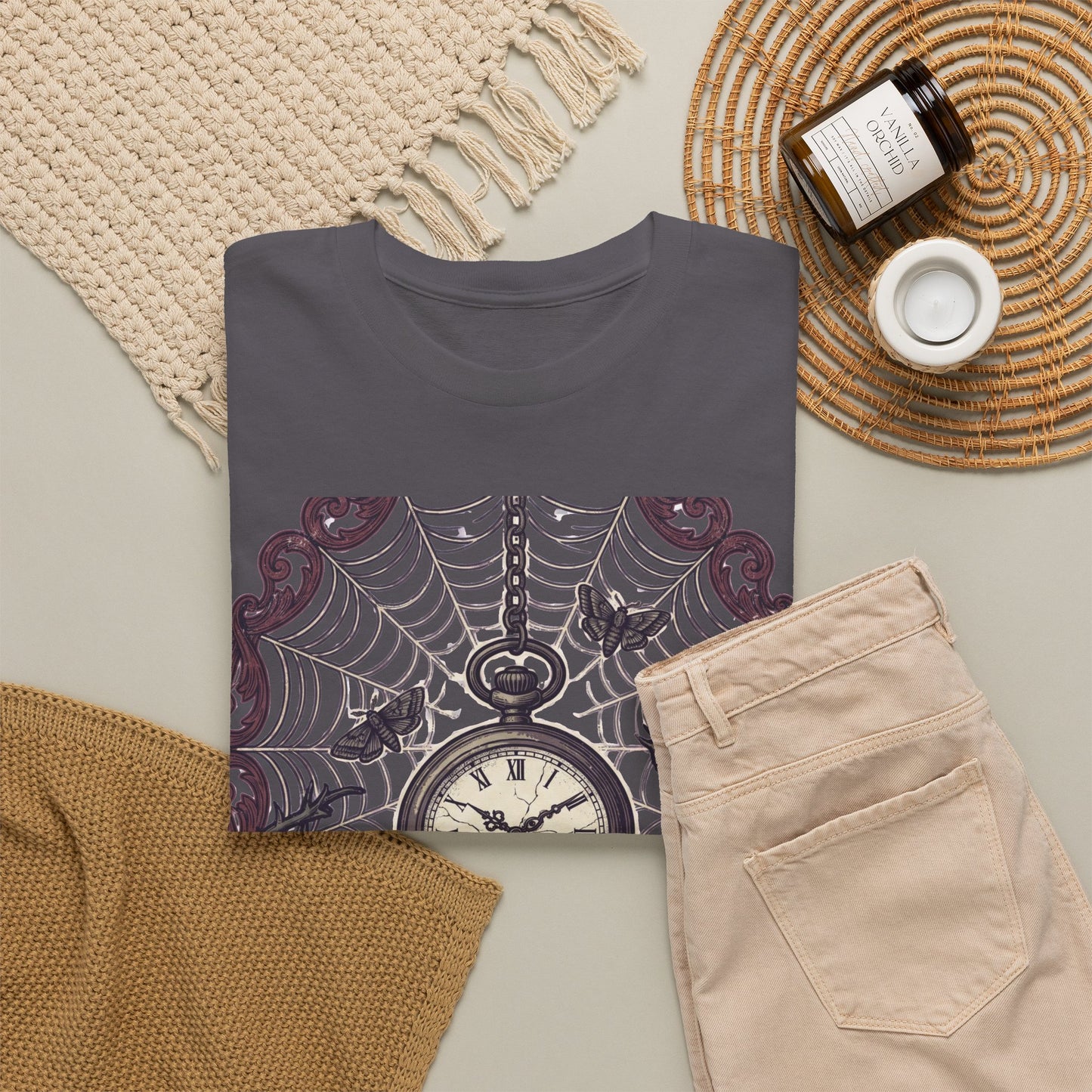 Caught in the Night Pocket Watch Tee — Gothic Spiderweb Vintage Clock T‑Shirt