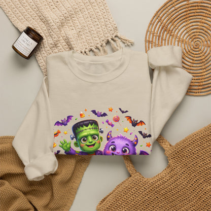 Halloween Monster Crewneck Sweatshirt — Cute Frankenstein, Vampire & Pumpkin Design