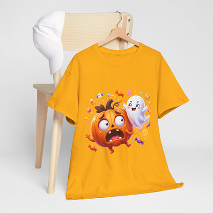 Cute Halloween Pumpkin & Ghost Tee — Scared Pumpkin Candy Graphic T-Shirt