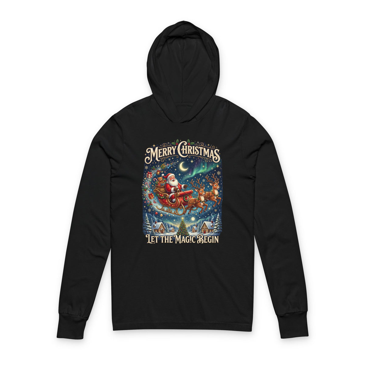 Christmas Hoodie Tee — “Merry Christmas: Let the Magic Begin” Holiday Hooded Long Sleeve