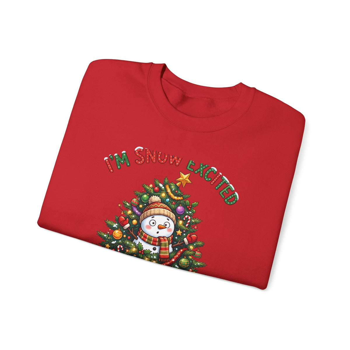 Christmas Sweatshirt – "I’m Snow Excited for Christmas" Cute Snowman Tree Holiday Crewneck