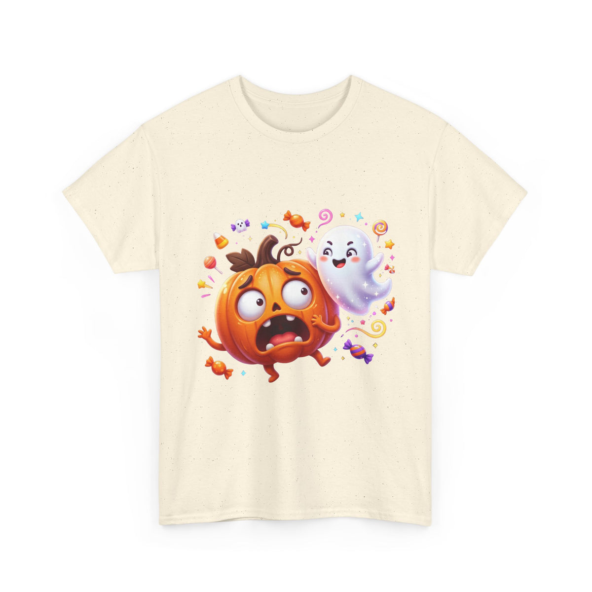 Cute Halloween Pumpkin & Ghost Tee — Scared Pumpkin Candy Graphic T-Shirt