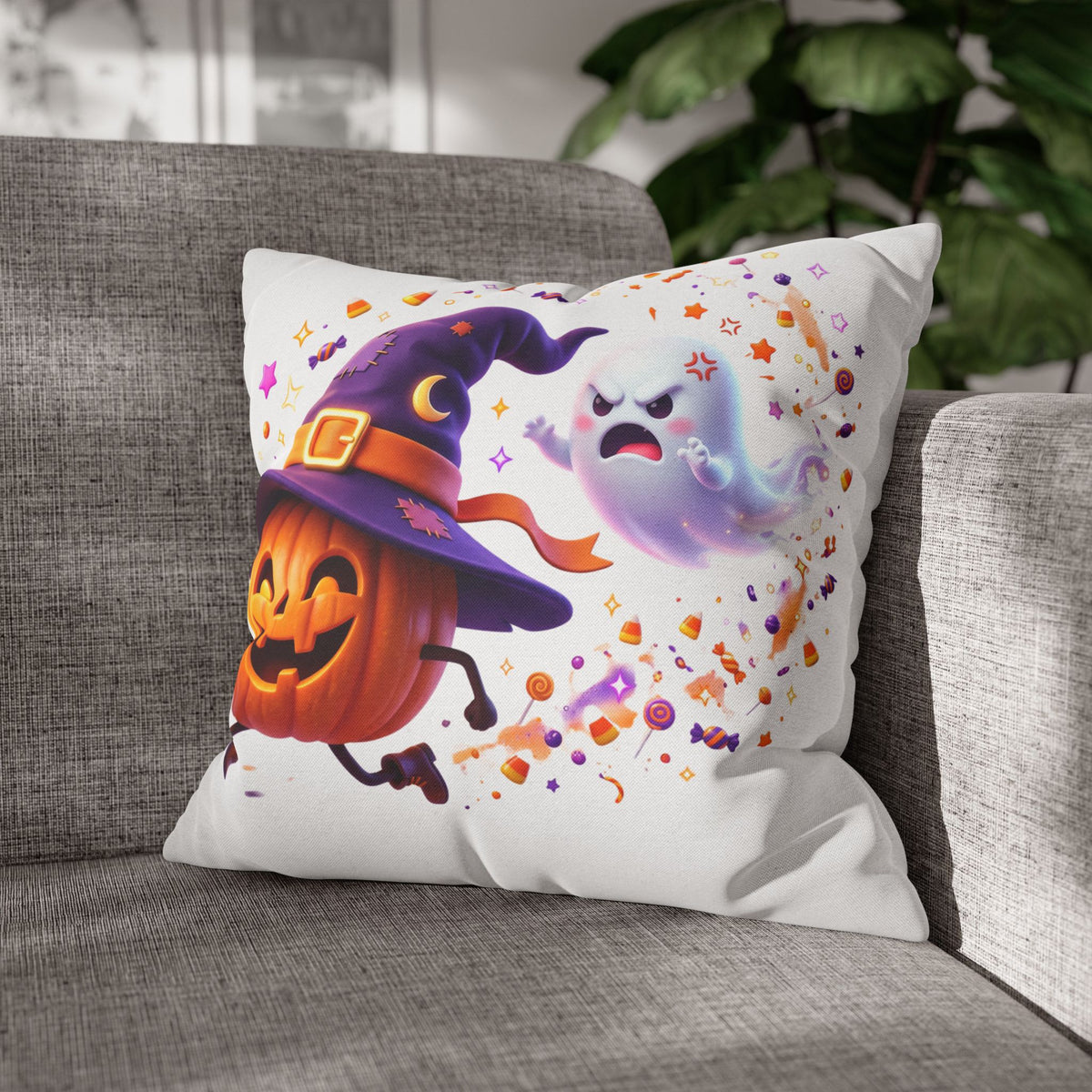 Halloween Pumpkin & Ghost Pillowcase — Cute Spooky Decorative Throw Pillow