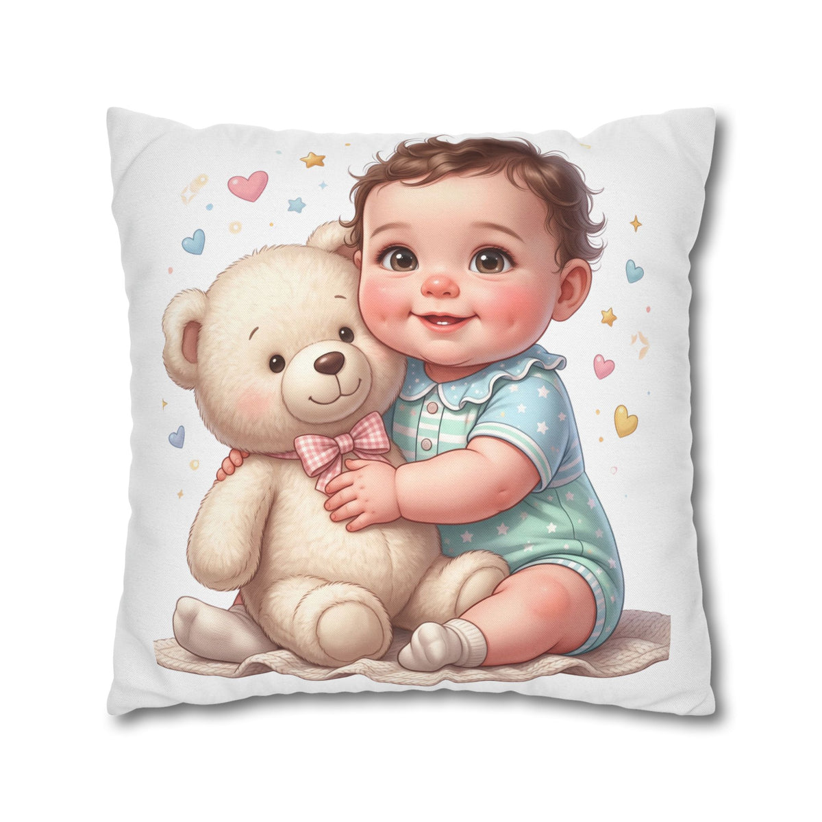 Baby & Teddy Square Pillowcase - Cute Infant Nursery Decorative Throw Pillow
