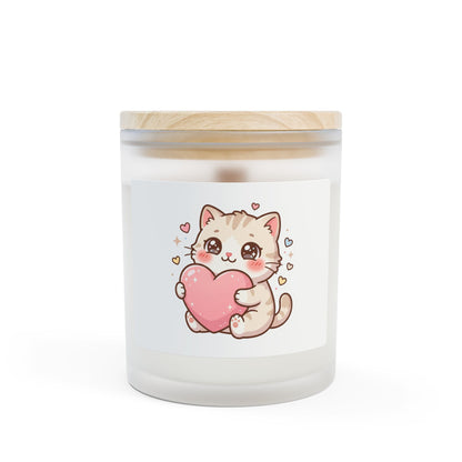 Cute Cat Holding Heart Frosted Glass Candle — 11oz Valentine Gift