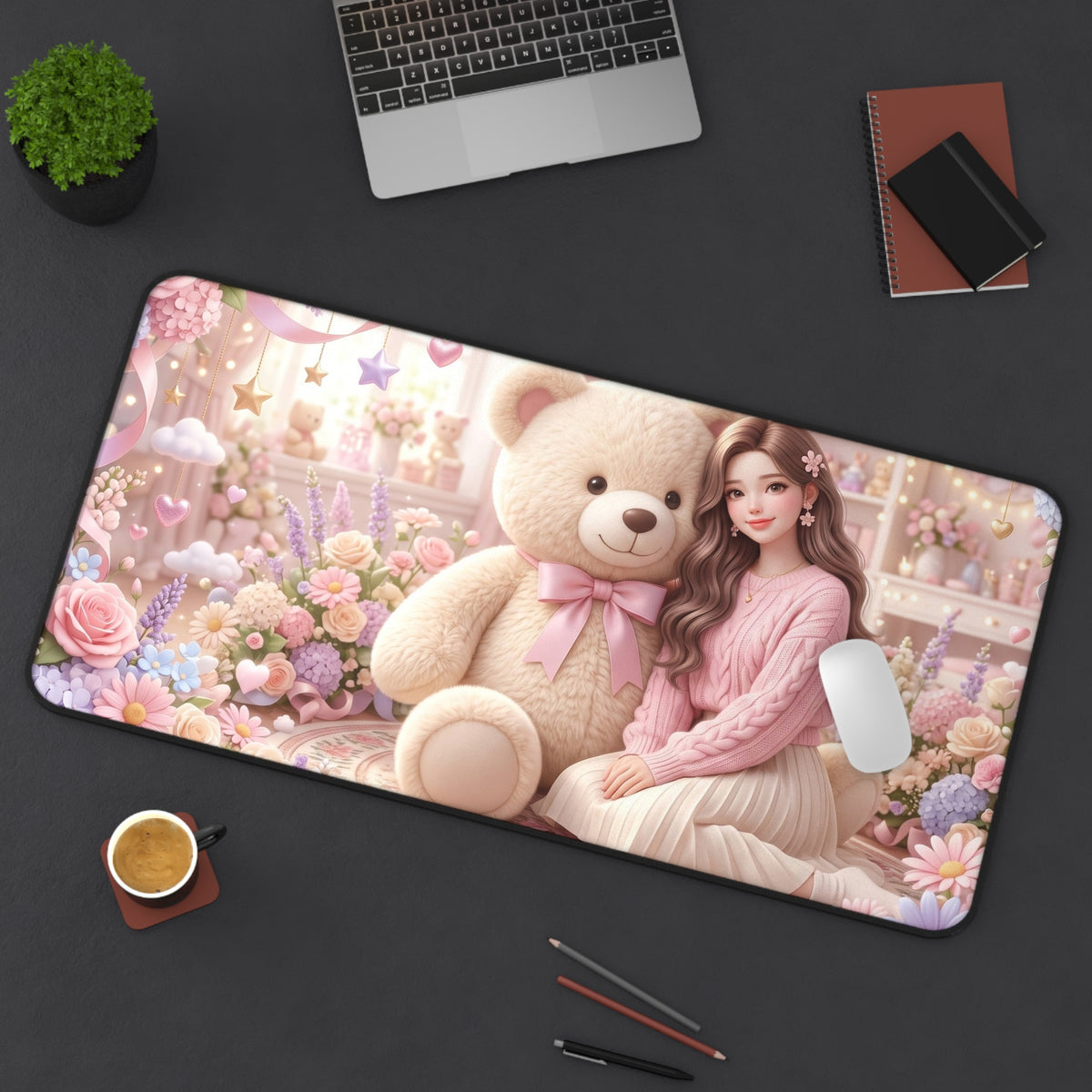 Cute Teddy Bear Desk Mat — Pastel Floral Girl Mousepad