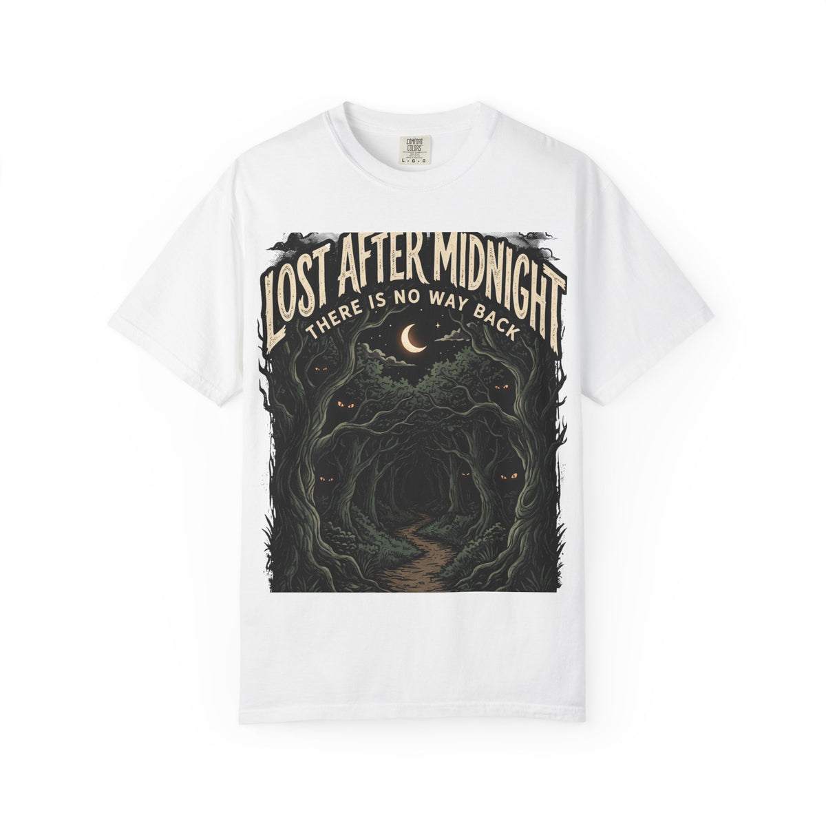 Lost After Midnight T-Shirt — 'There Is No Way Back' Moonlit Forest Tee