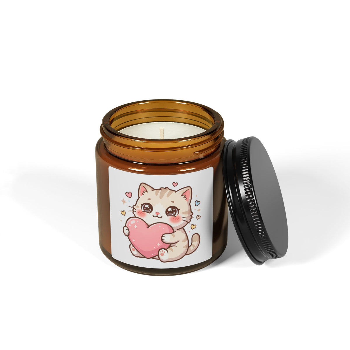 Cute Kitten Heart Soy Candle — Amber Jar Scented Candle (Valentine’s Gift)