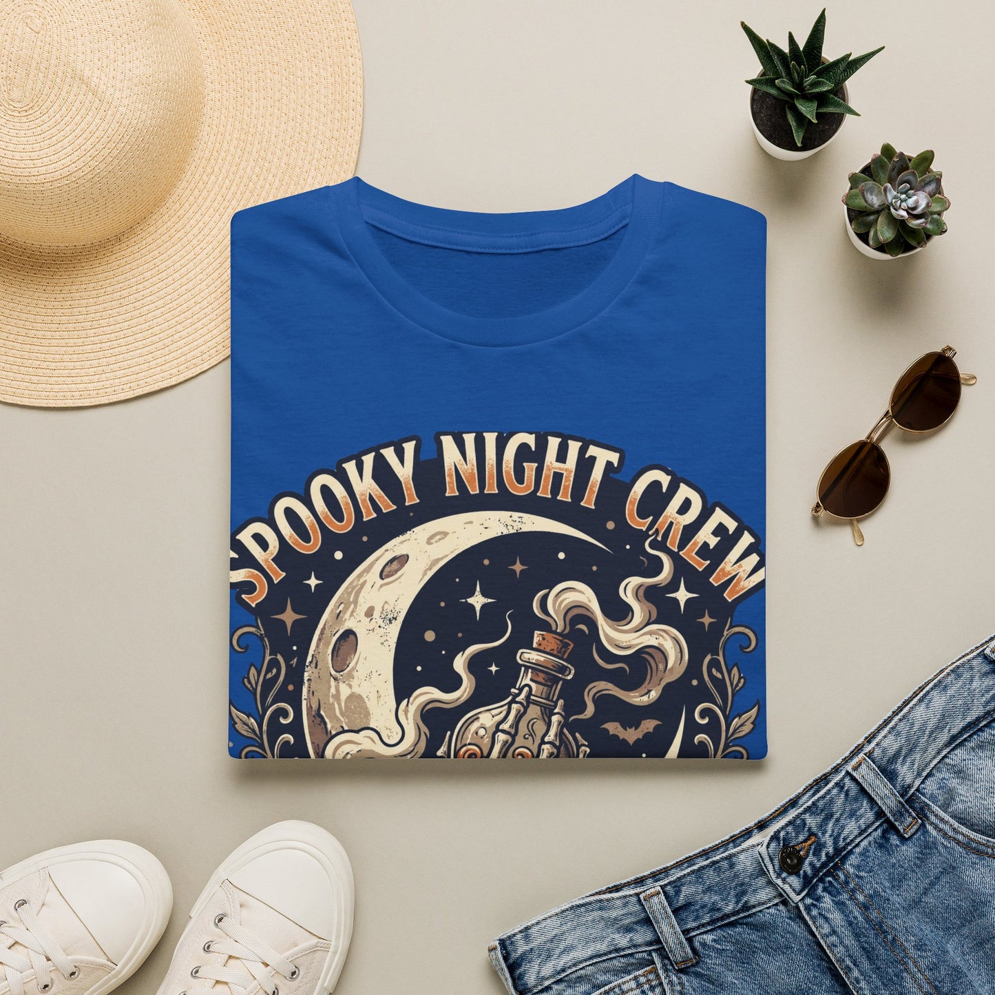 Spooky Night Crew T-Shirt — Vintage Halloween Moon & Skeleton Graphic