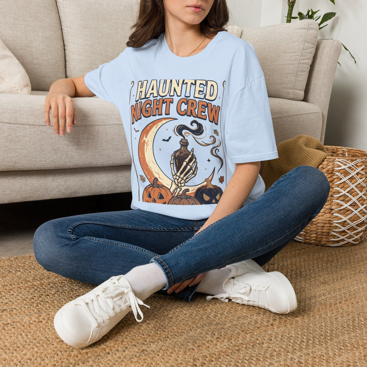 Haunted Night Crew T-Shirt — Retro Halloween Skeleton & Pumpkin Tee