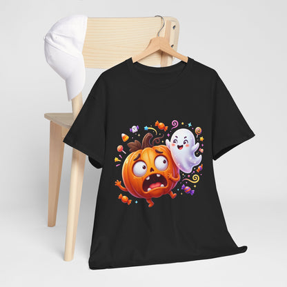 Cute Halloween Pumpkin & Ghost Tee — Scared Pumpkin Candy Graphic T-Shirt