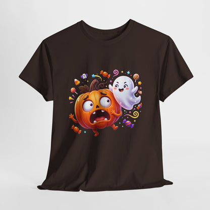 Cute Halloween Pumpkin & Ghost Tee — Scared Pumpkin Candy Graphic T-Shirt