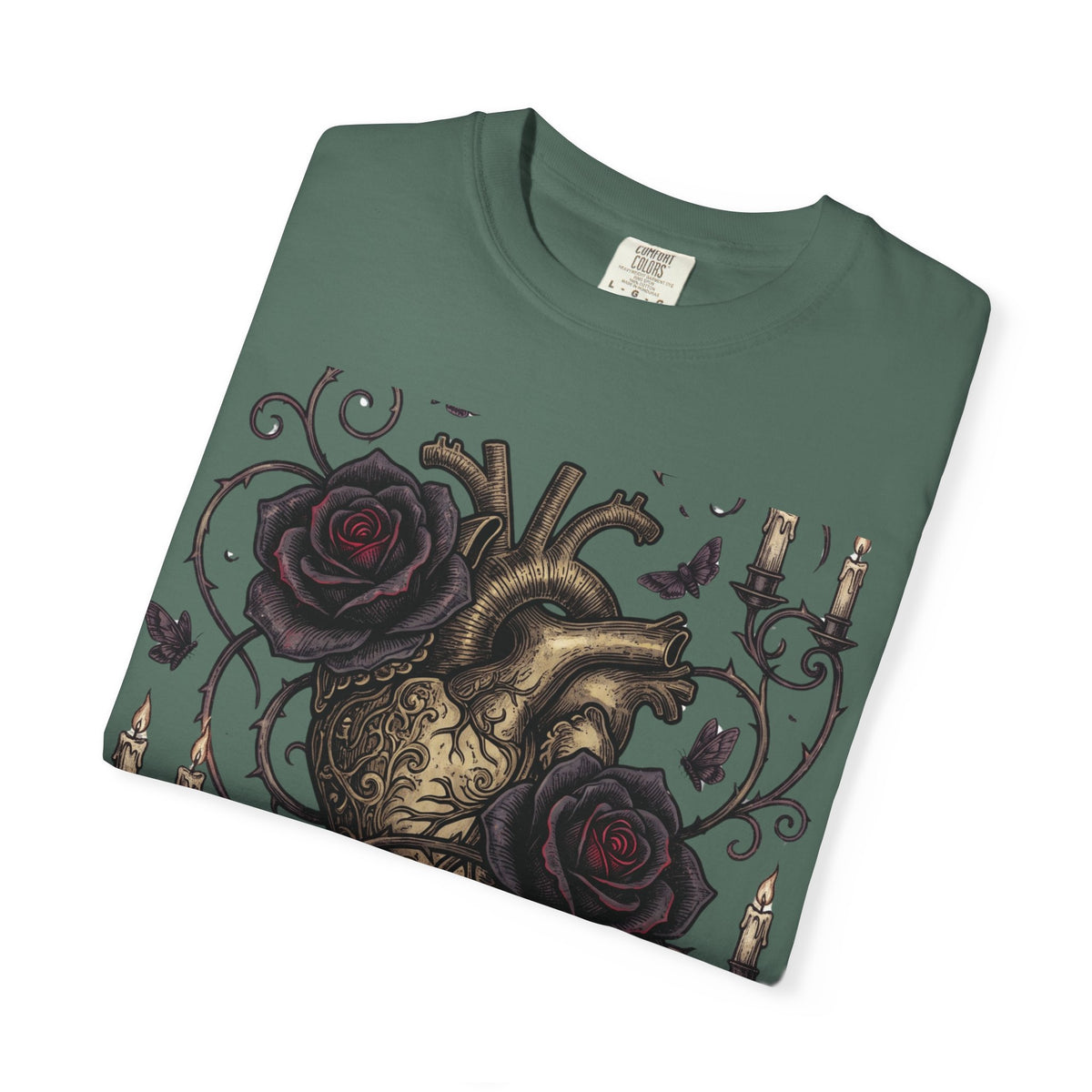 Love Never Dies Heart T-Shirt — Gothic Rose "Forever After Dark" Tee