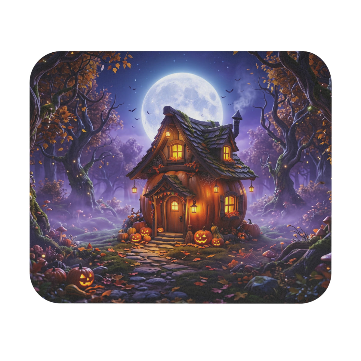 Halloween Cottage Mouse Pad — Haunted Pumpkin Moonlit Desk Mat