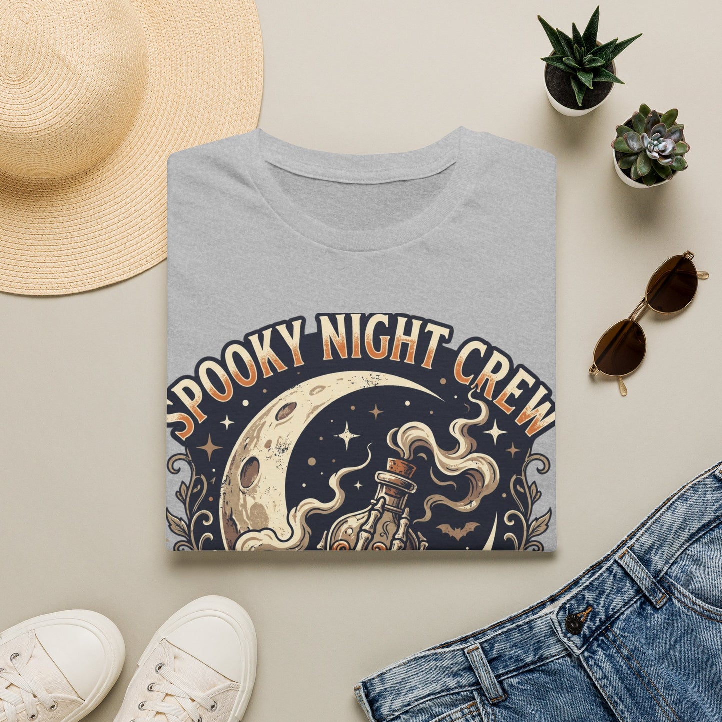 Spooky Night Crew T-Shirt — Vintage Halloween Moon & Skeleton Graphic