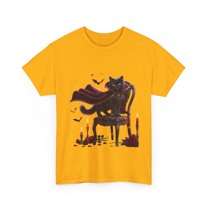 Vampire Cat Tee — Gothic Black Cat with Cape & Candles T-Shirt