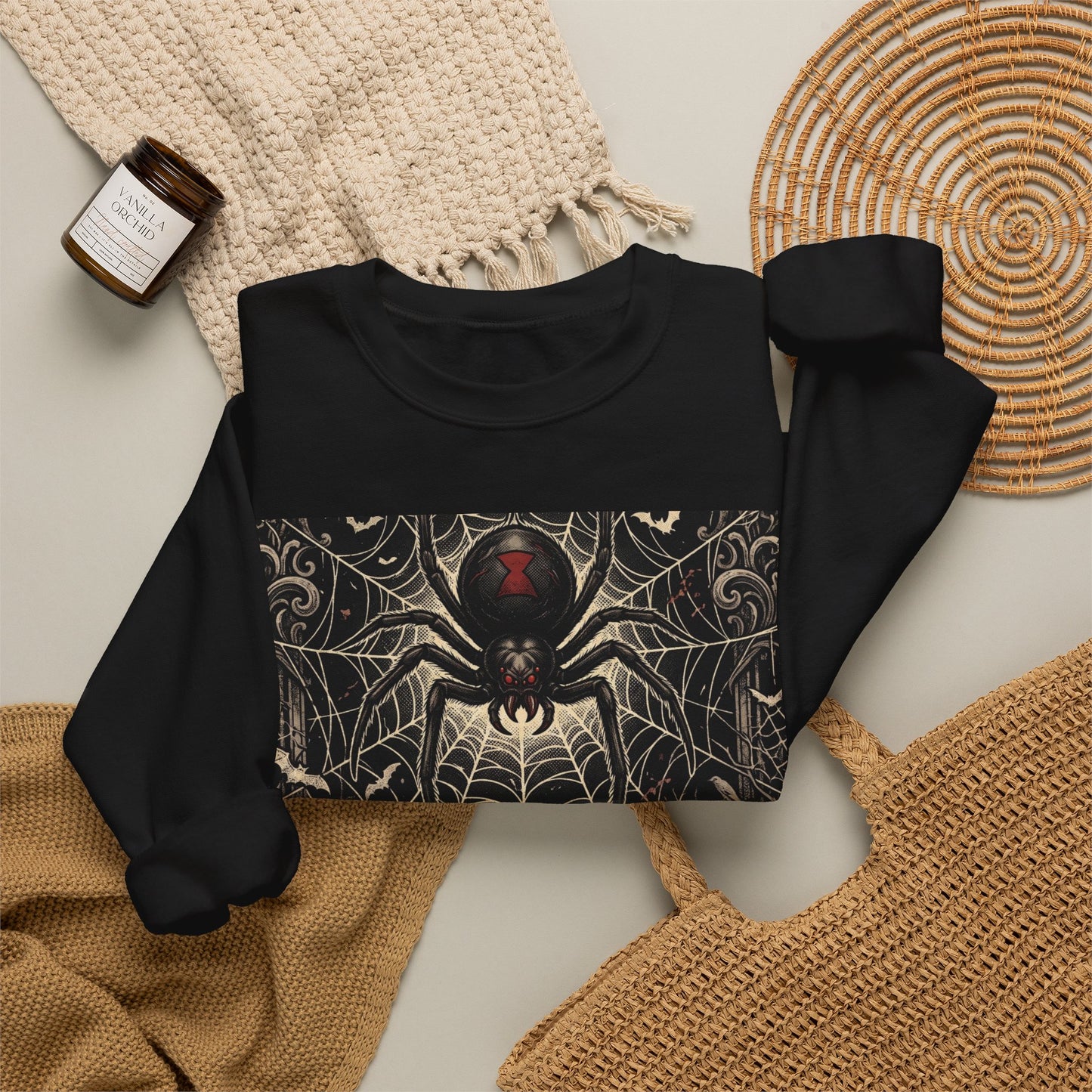 Spider Web Sweatshirt - "Don't Get Caught in the Web of Night" Graphic Crewneck