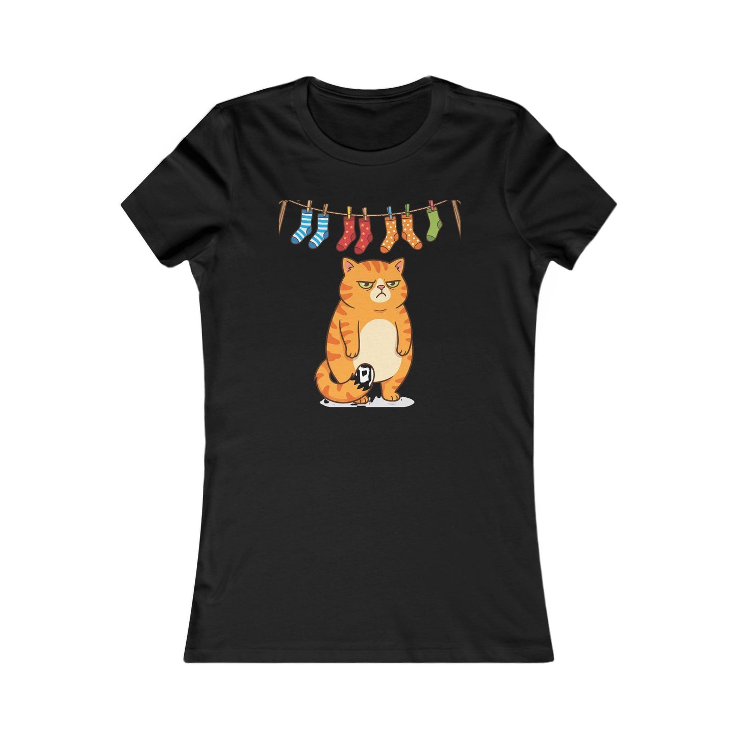 Women's Tee — Cute Grumpy Orange Cat with Hanging Socks Graphic