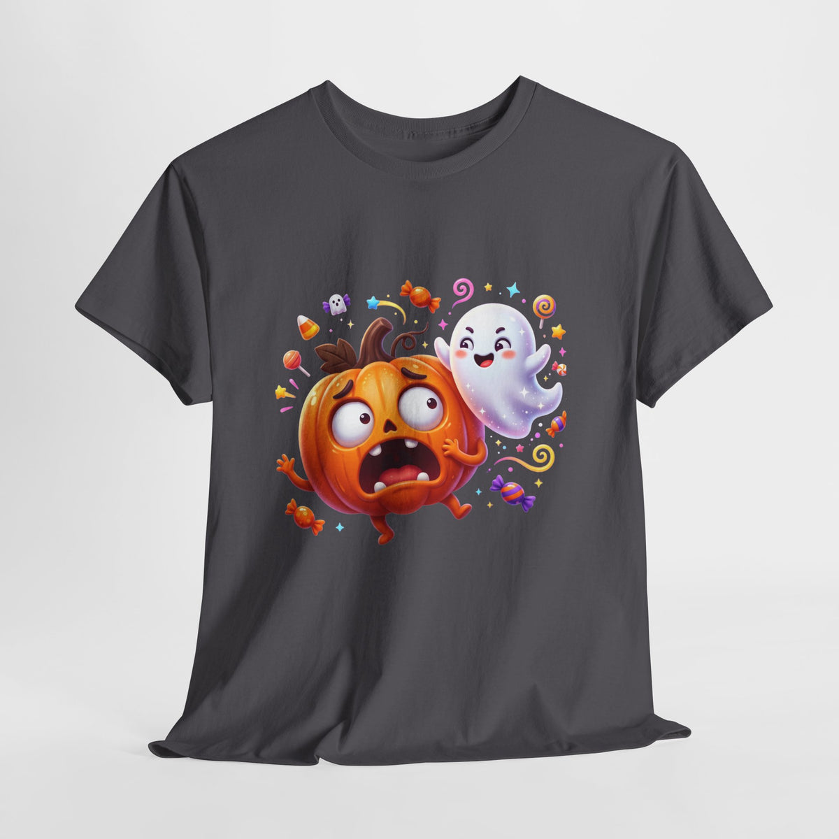 Cute Halloween Pumpkin & Ghost Tee — Scared Pumpkin Candy Graphic T-Shirt