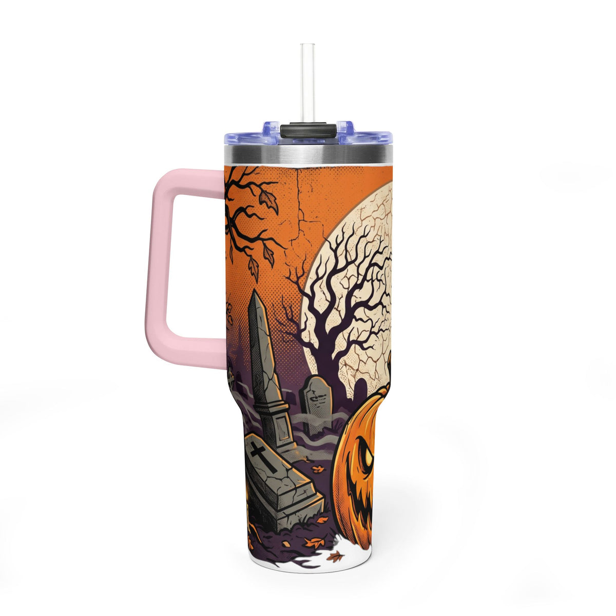 Halloween Pumpkin Tumbler – 40oz Spooky Haunted Graveyard Design
