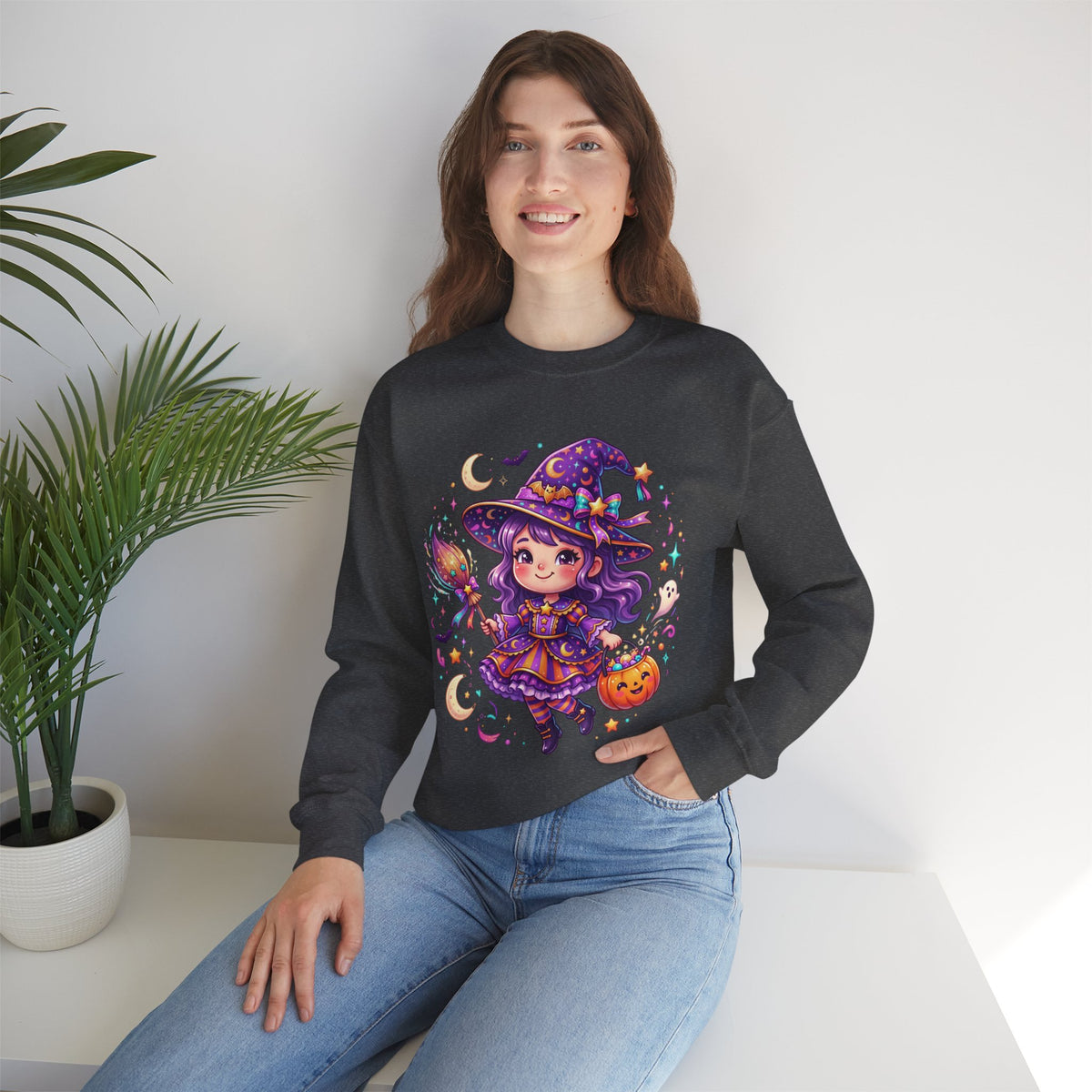 Cute Halloween Witch Sweatshirt — Kawaii Pumpkin Magic Crewneck
