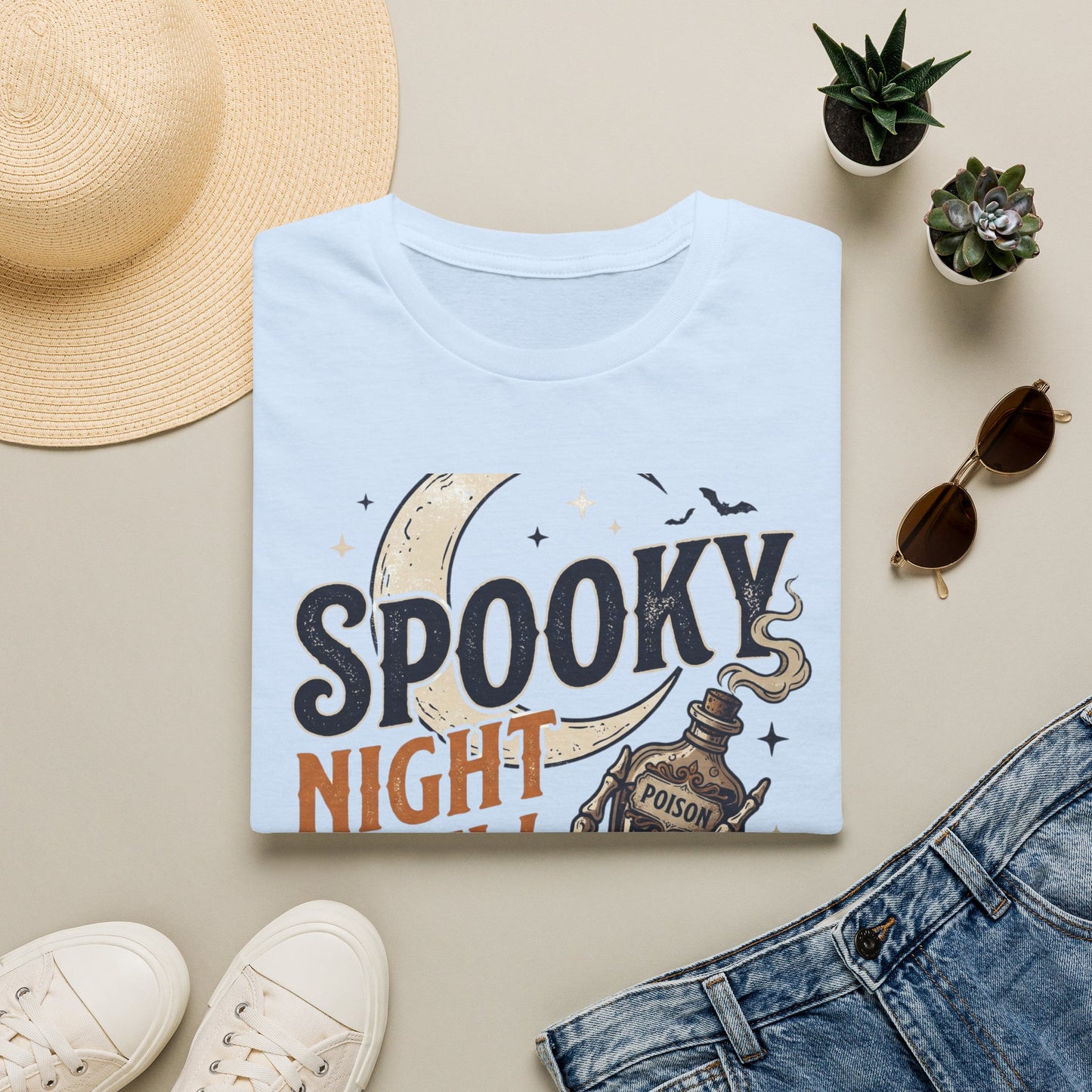 Spooky Night Crew T-Shirt — Halloween Moon, Skeleton & Pumpkins Tee