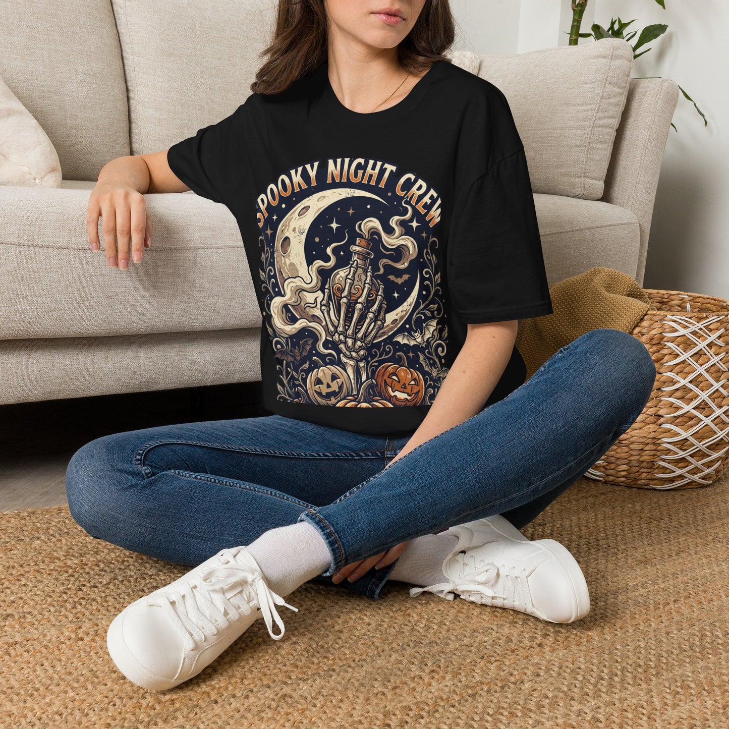 Spooky Night Crew T-Shirt — Vintage Halloween Moon & Skeleton Graphic