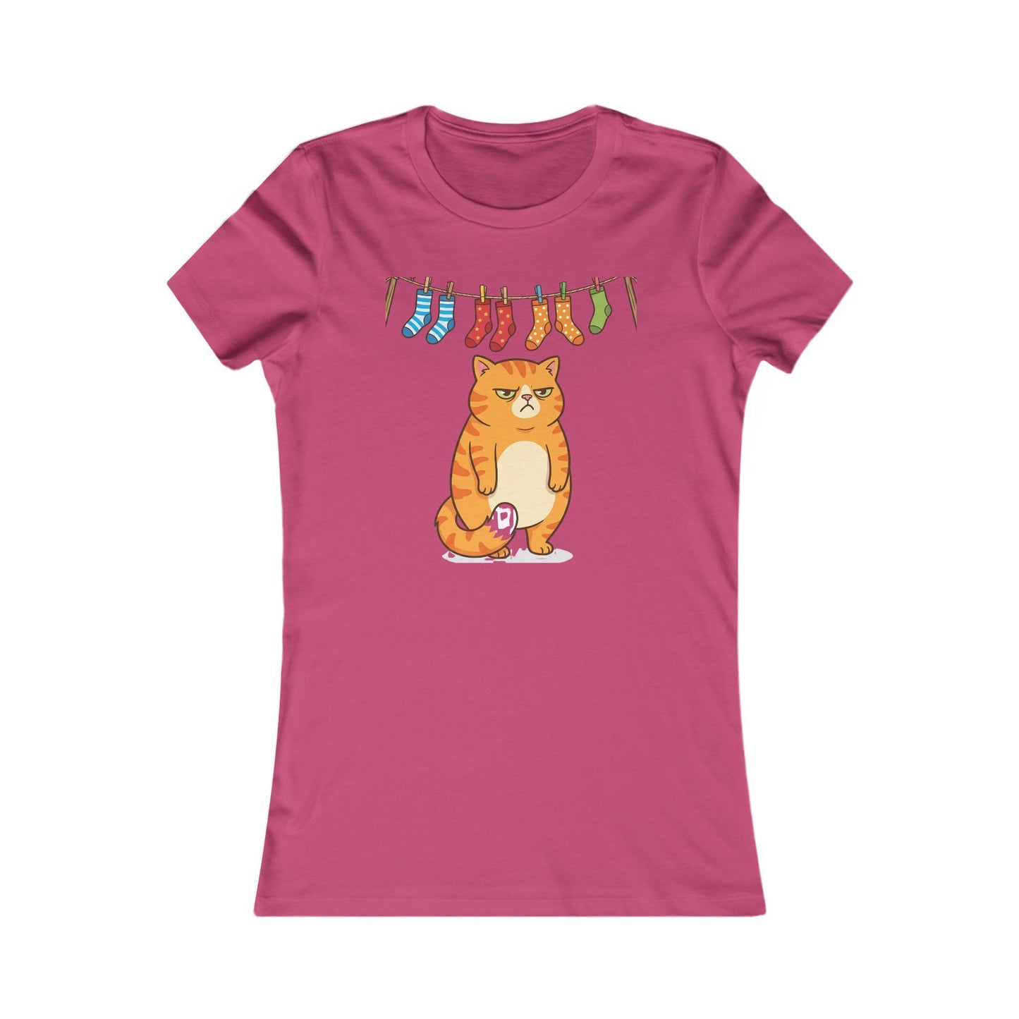 Women's Tee — Cute Grumpy Orange Cat with Hanging Socks Graphic