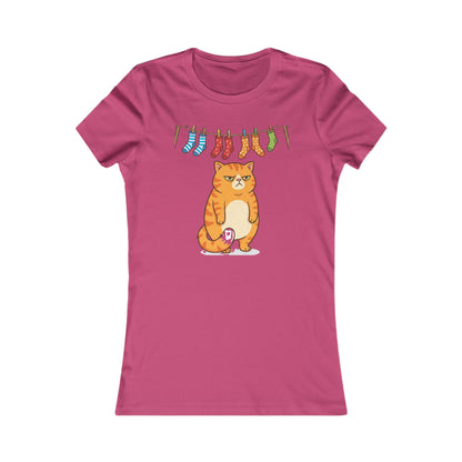Women's Tee — Cute Grumpy Orange Cat with Hanging Socks Graphic